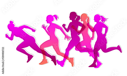 Women are running. Silhouettes in a pink gradient and a dark line.