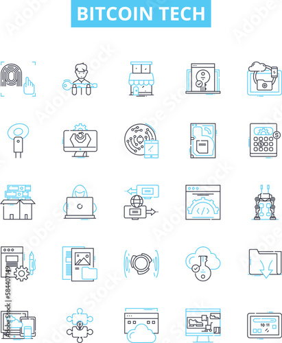 Bitcoin tech vector line icons set. Bitcoin, Tech, Blockchain, Cryptocurrency, Mining, Digital, Exchange illustration outline concept symbols and signs