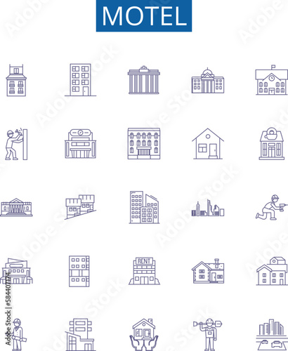 Motel line icons signs set. Design collection of Lodging, Inn, Stopover, Hostel, Resort, Accommodation, Overnight, Rest outline concept vector illustrations