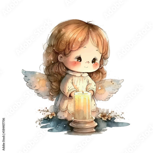 Cute Easter angel with a candle in his hands Watercolor Cartoon Christmas on white background