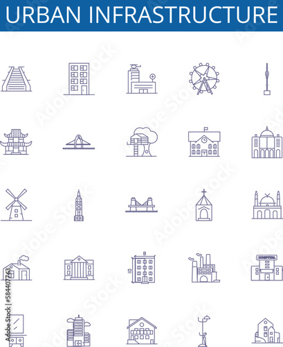 Urban infrastructure line icons signs set. Design collection of Cityscape, Roads, Bridges, Railways, Sewage, Utilities, Streetlights, Utilities outline concept vector illustrations