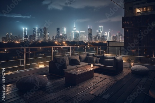 City Lights Rooftop Terrace, Modern Furniture and Mesmerizing View, Generative AI
