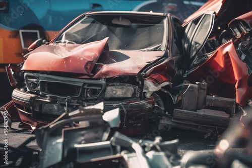 Damaged in heavy car accident vehicles after collision on city street crash site Generative AI