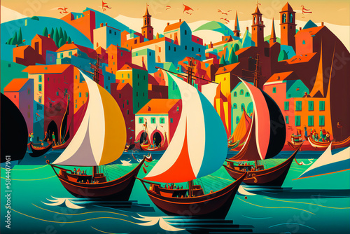 A busy harbor with colorful boats and ships. Realistic and stylized with vibrant colors of blues, greens and yellows. Generative AI
