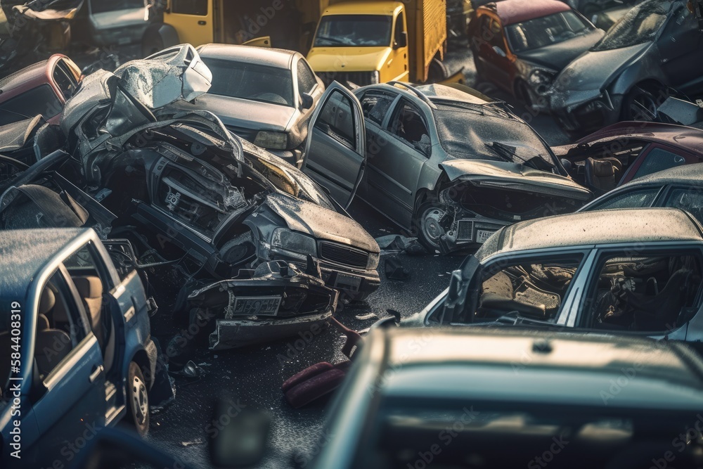 Damaged in heavy car accident vehicles after collision on city street crash site Generative AI Damaged in heavy car accident vehicles after collision on city street crash site Generative AI
