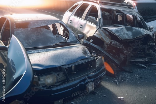 Damaged in heavy car accident vehicles after collision on city street crash site Generative AI © ChaoticMind