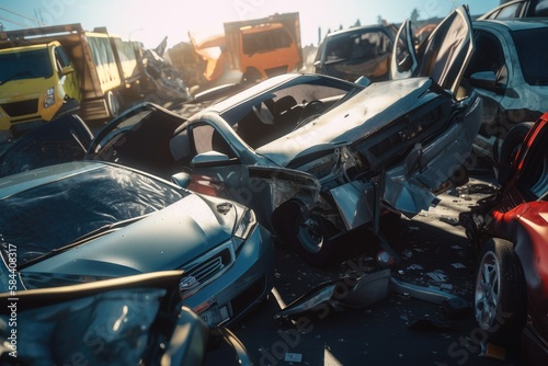 Damaged in heavy car accident vehicles after collision on city street crash site Generative AI