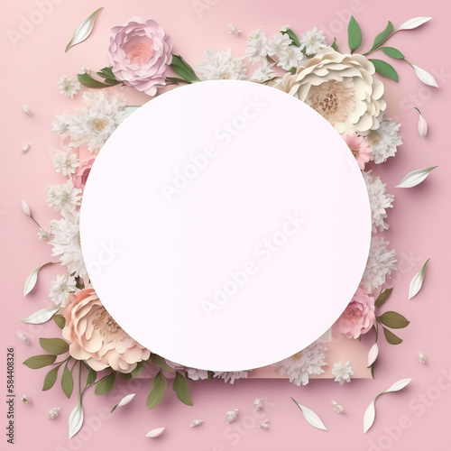 Women's Day concept. Top view photo of bunches of fresh flowers with a white circle on isolated pastel green background with copyspace Generative AI © Eduardo
