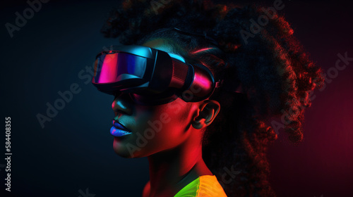 Portrait of African-American woman wearing virtual reality headset. Vivid colors neon glowing HMD generative ai © Roman