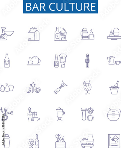 Bar culture line icons signs set. Design collection of Bar, Culture, Alcohol, Drinks, Music, Friends, Pub, Beer outline concept vector illustrations