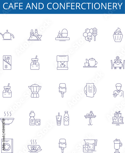 Cafe and conferctionery line icons signs set. Design collection of Cafe, Confectionery, Bakeshop, Patisserie, Pastry, Bakery, Cake, Cookies outline concept vector illustrations