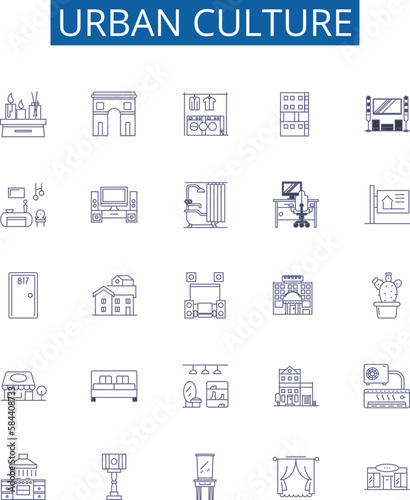 Urban culture line icons signs set. Design collection of City, Urban, Population, Arts, Diversity, Music, Commerce, Religion outline concept vector illustrations