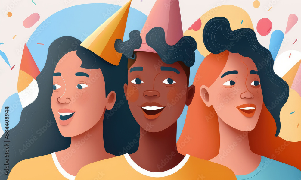 A joyful group of teens laugh and smile together as they celebrate a birthday party on a light background. Generative AI A joyful group of teens laugh and smile together as they celebrate a birthday party on a light background. Generative AI