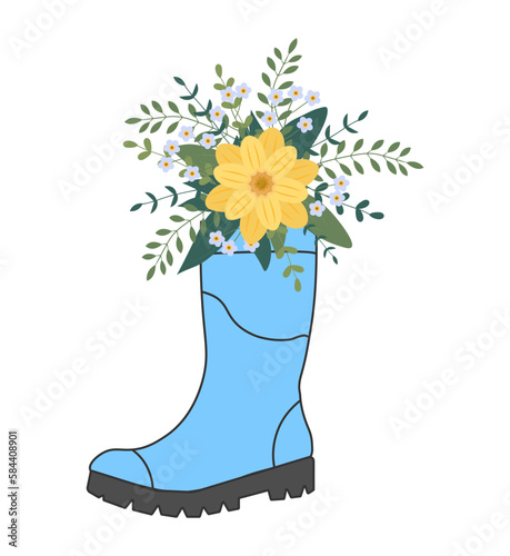 Cute bouquet in blue rubber boots. Gardening boot with flowers. Spring Concept