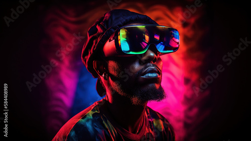 Portrait of African-American man wearing virtual reality headset. Vivid colors neon glowing HMD generative ai