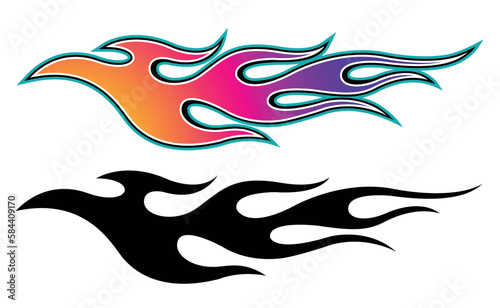 Tribal fire flame race car body side vinyl sticker vector eps art image file. Burning tires and flames sport car decal. Side speed decoration for cars, auto, truck, boat, suv, motorcycle.