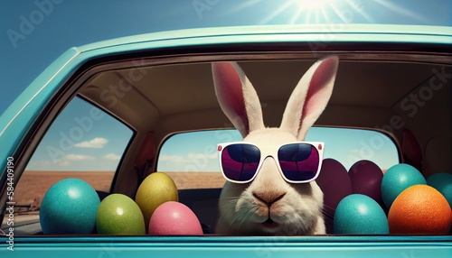 Cute Easter Bunny with sunglasses looking out of a car
