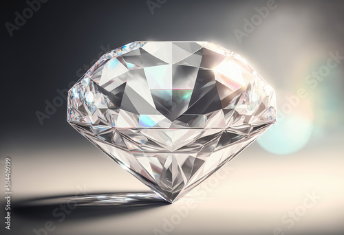 Close-up of a realistic and detailed diamond that highlights its luxurious and refined quality. Light and shade add a sense of sophistication and glamour. Generative AI