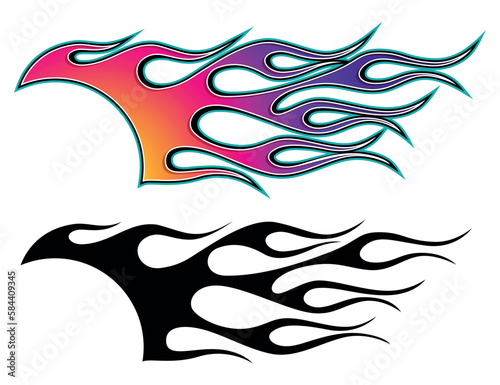 Tribal fire flame race car body side vinyl sticker vector eps art image file. Burning tires and flames sport car decal. Side speed decoration for cars, auto, truck, boat, suv, motorcycle.