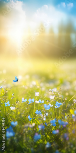 Blue tiny flowers on spring blooming meadow with flying butterflies. Banner of a fresh blooming forget-me-not in the sunshine. generative ai. Spring flower nature background