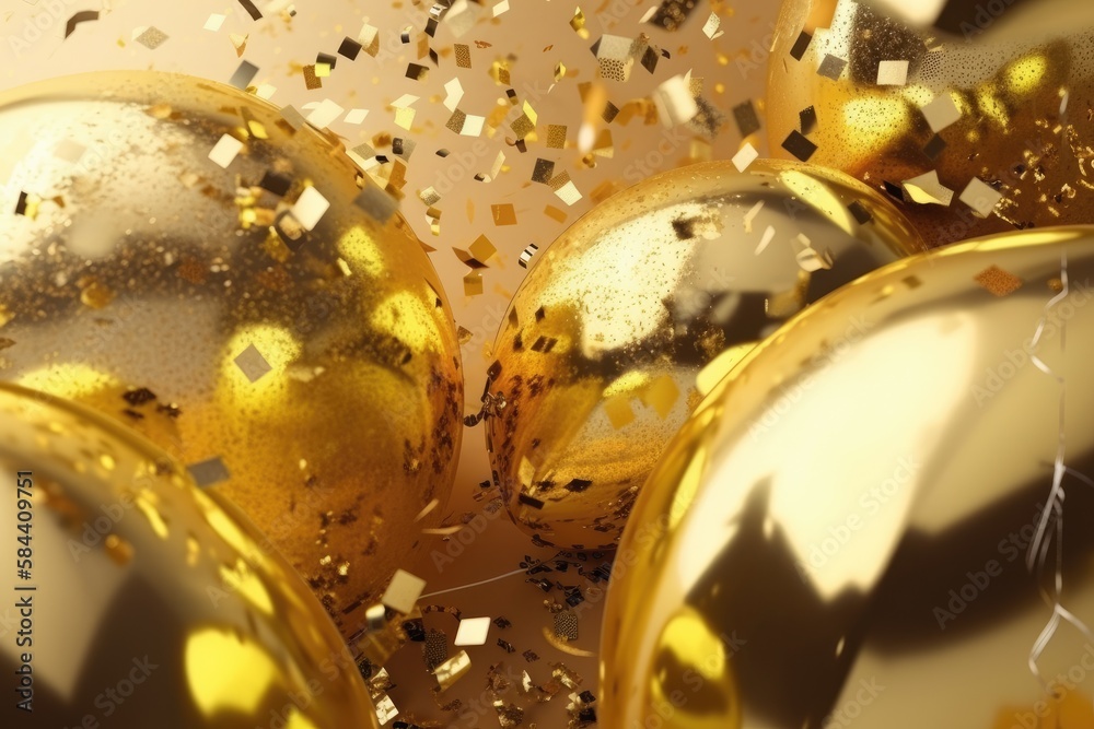  Celebration party banner with golden balloons and serpentine Generative AI