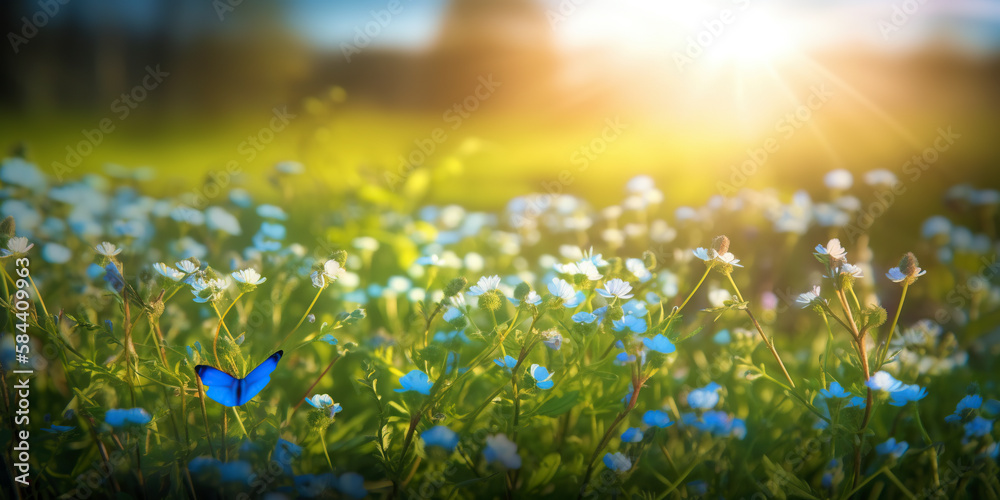Blue tiny flowers on spring blooming meadow with flying butterflies. Banner of a fresh blooming forget-me-not in the sunshine. generative ai. Spring flower nature background