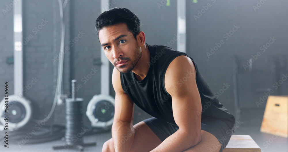 Portrait of man, fitness and healthy gym sports muscle training athlete. Young calm Asian male, wellness exercise workout motivation and bodybuilder vision relax in lifestyle health club studio Portrait of man, fitness and healthy gym sports muscle training athlete. Young calm Asian male, wellness exercise workout motivation and bodybuilder vision relax in lifestyle health club studio