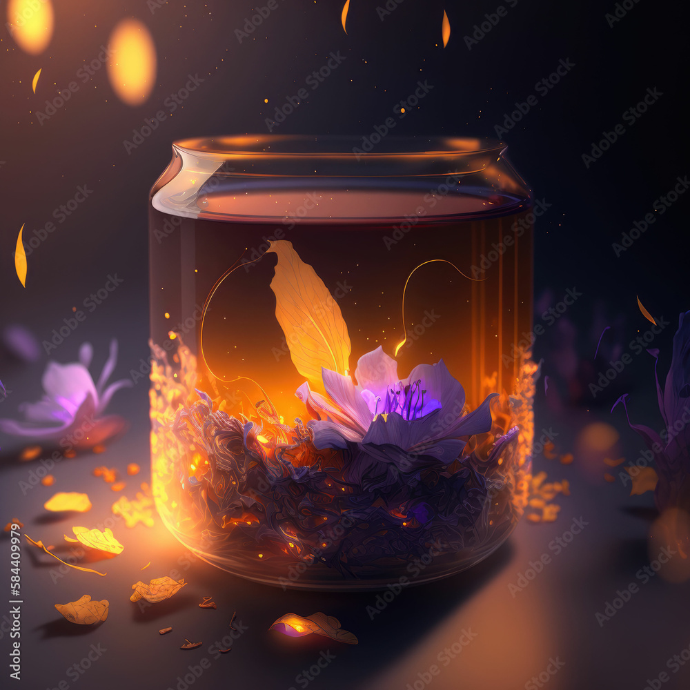 Beautiful glass jar with whirlwind of violet petals and mandarin ,made with Generative AI