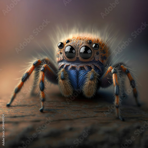 Extreme close-up shows a hairy, eight-eyed tarantula ,made with Generative AI