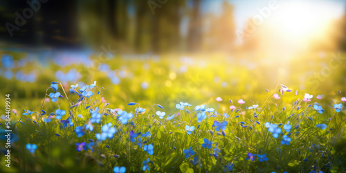 Blue tiny flowers on spring blooming meadow with flying butterflies. Banner of a fresh blooming forget-me-not in the sunshine. generative ai. Spring flower nature background photo