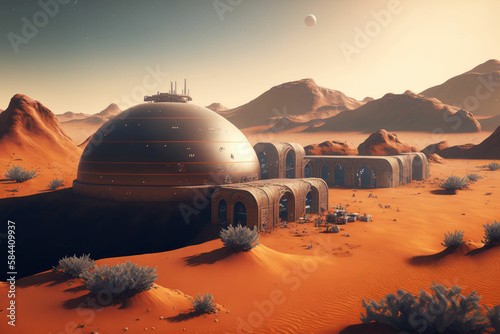 Photo Human colony on mars futuristic concept of colonization planet mars ,made with G