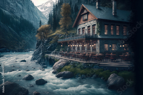 Cozy motel near the river, old style restaurant ,made with Generative AI