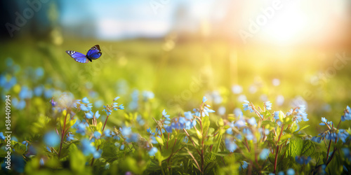 Fototapeta Naklejka Na Ścianę i Meble -  Blue tiny flowers on spring blooming meadow with flying butterflies. Banner of a fresh blooming forget-me-not in the sunshine. generative ai. Spring flower nature background