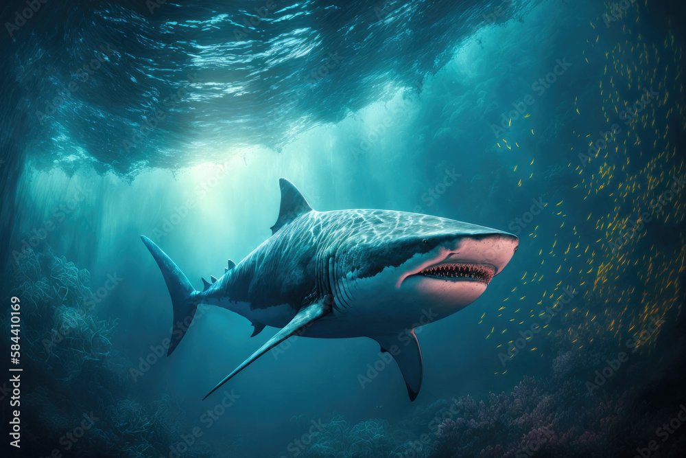 Great white shark hunting for a prey in the ocean ,made with Generative