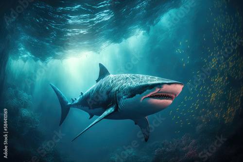 Great white shark hunting for a prey in the ocean ,made with Generative AI © DNY3D