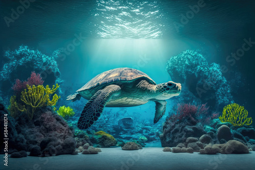 Big turtle swimming in the ocean, underwater background ,made with Generative AI © DNY3D