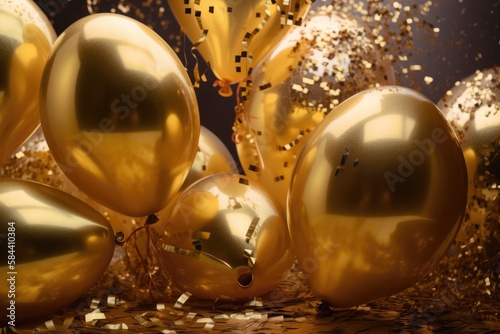Celebration party banner with golden balloons and serpentine Generative AI
