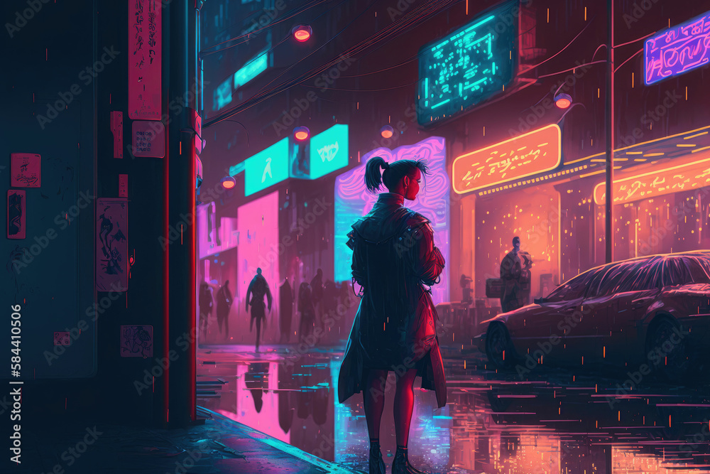 Anime girl in the cyberpunk city ,made with Generative AI