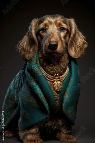 Dachshund in a fancy suit, fashion style ,made with Generative AI