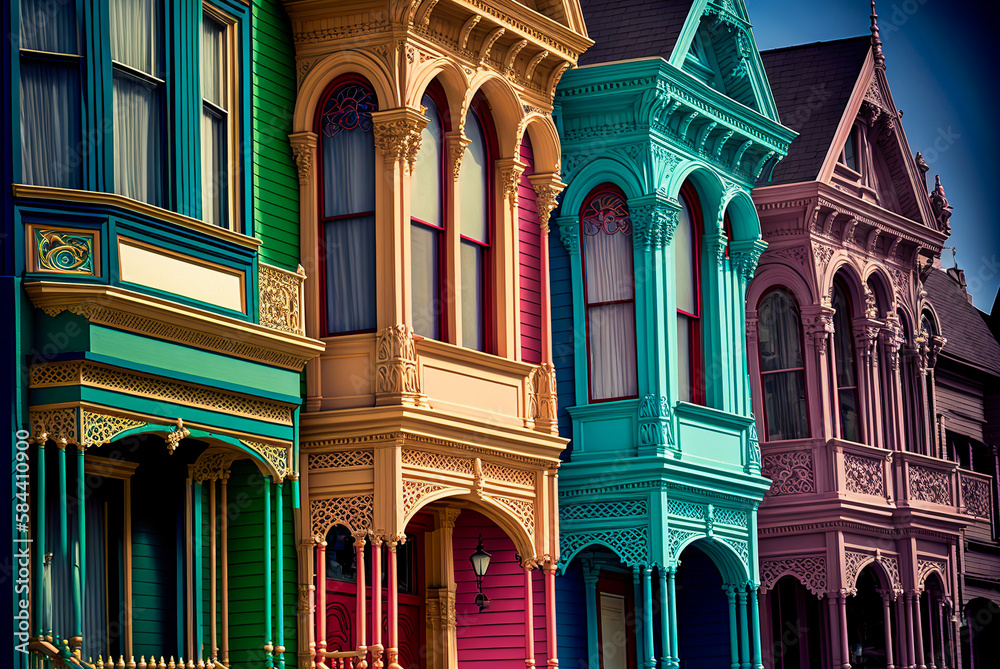 Close-up of a row of colorful Victorian houses contrasting pastel and rich tones. Use complementary colors to create vibrancy and depth. Generative AI