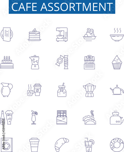 Cafe assortment line icons signs set. Design collection of Coffee, Tea, Latte, Espresso, Bagels, Muffins, Croissants, Snacks outline concept vector illustrations