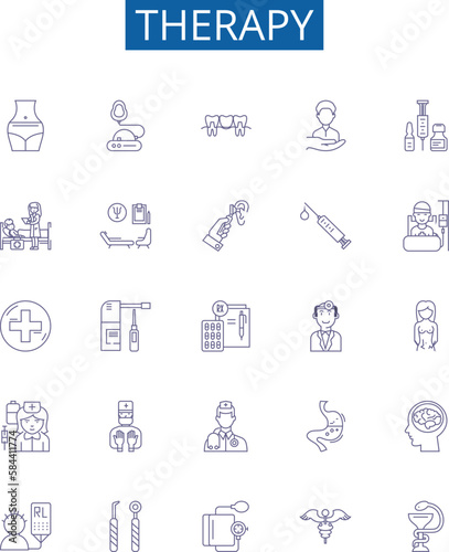 Therapy line icons signs set. Design collection of Therapy, Counseling, Psychotherapy, Psychodrama, Art, Music, Cognitive, Hypnotherapy outline concept vector illustrations photo