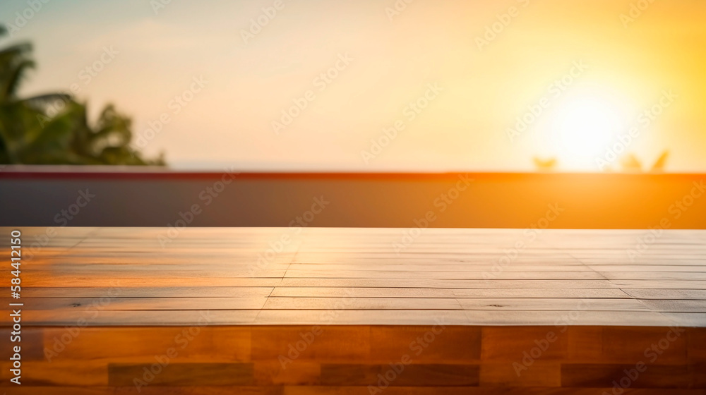 Bar counter On the beach or by the pool  blurred background bar, sunset light . Generative AI	