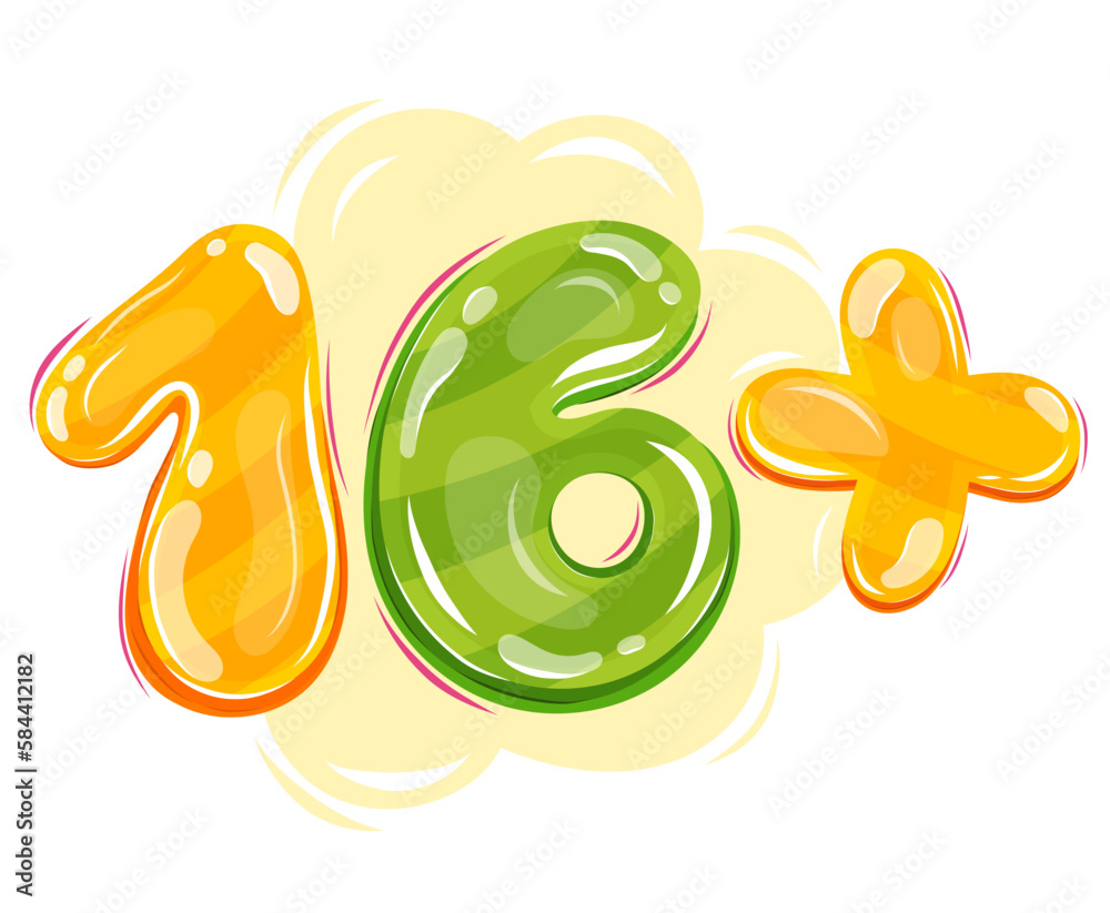 Set of kids age limits sign. 16+ . Colourful numbers, abstract shapes