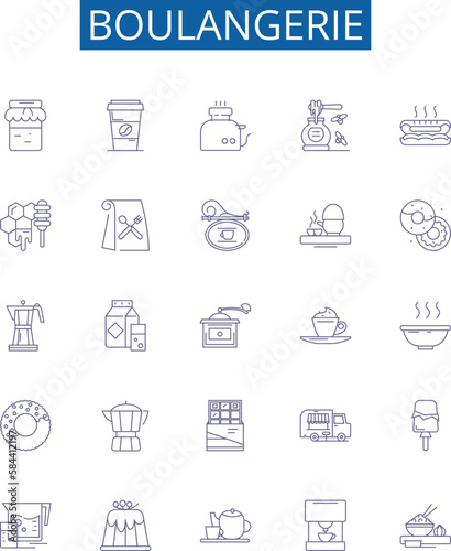 Boulangerie line icons signs set. Design collection of Bakery, Patisserie, Bread, Croissant, Cookies, Viennoiserie, Cake, Tart outline concept vector illustrations