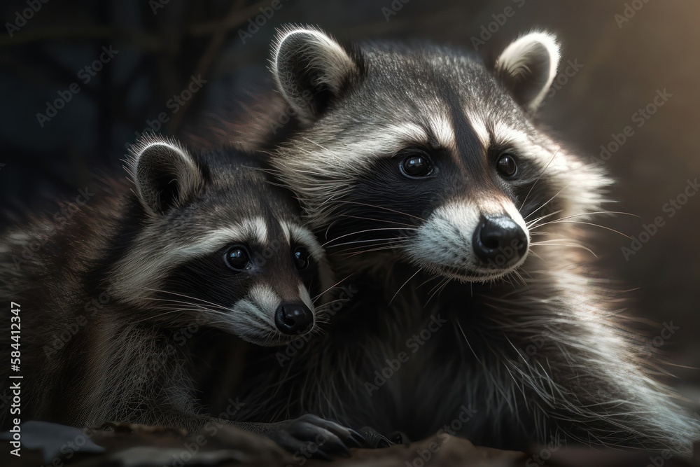 Mother and baby raccoon sitting close together. AI generated