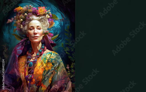 Shaman, goddess of Earth and Motherhood, copy space, deep connection to nature and earth, elder woman, beautiful. Generative AI.