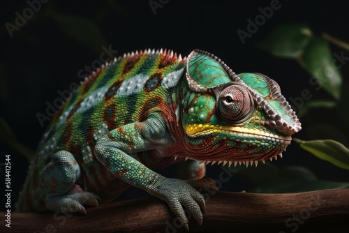 Chameleon on tree branch. AI generated