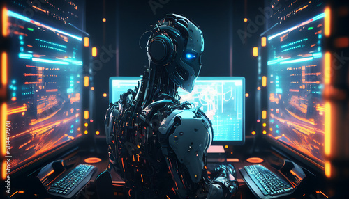 Robot office worker browsing the internet on his computer in his workspace facing a virtual environment with big data and an artificial intelligence, computer Generative AI stock illustration