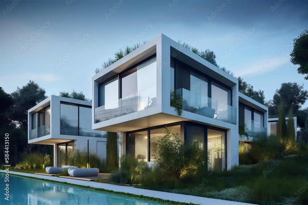 Luxurious residential development with pool, generative ai